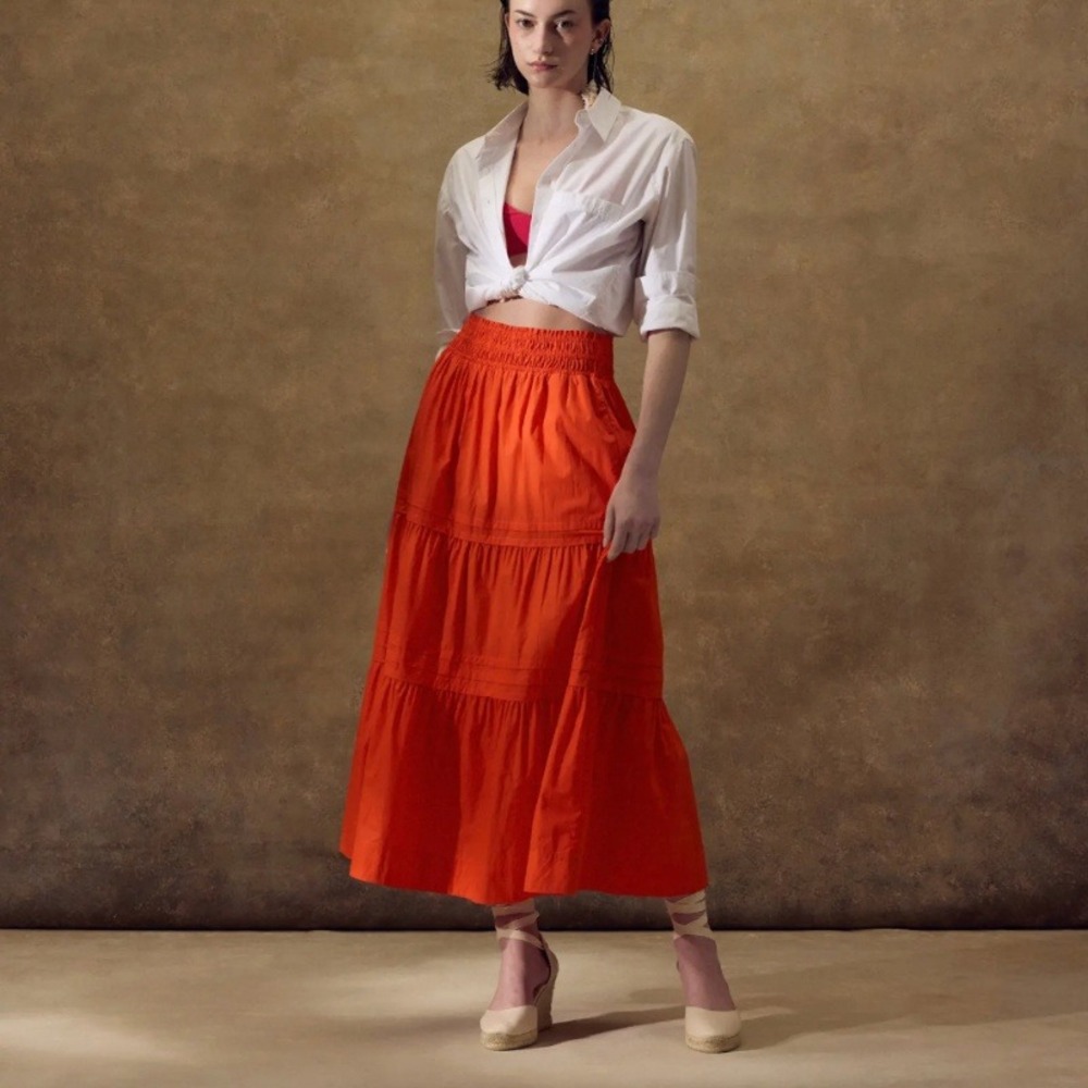 Quince 100% Organic Cotton Poplin Tiered Maxi Skirt Vermillion Red Size Medium